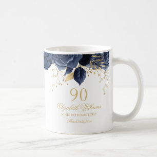 Caneca De Café Rosa Floral Marinha Dourada Aniversário de 90 anos