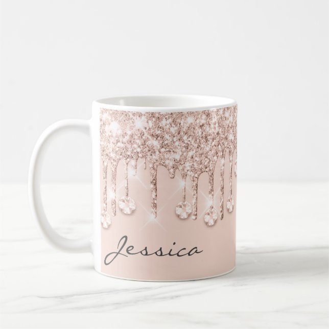 Caneca De Café Rosa Glitter Drives Cristais Pó Nome Rosa Girly (Esquerda)