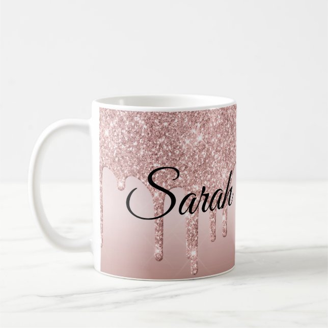 Caneca De Café Rosa Glitter Pingando Dourado Personalizado (Esquerda)