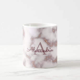 Caneca De Café Rosa Gold Foil Glitter Nome de Mármore Rosa Monog