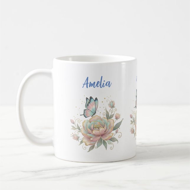 Caneca De Café Rosa Mágica e Borboleta Cores Pastel (Esquerda)
