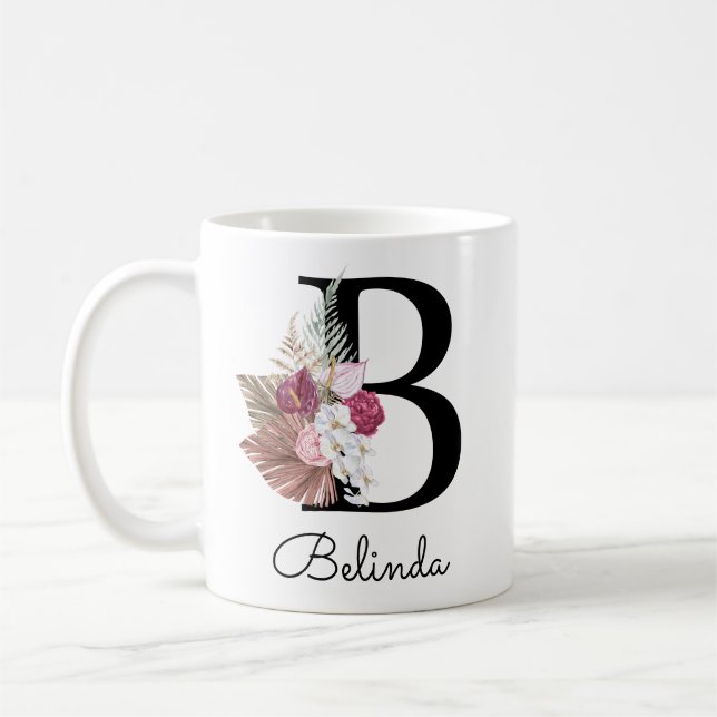 Caneca de Café Rosa Moderno Boho Floral Inicial B (Esquerda)