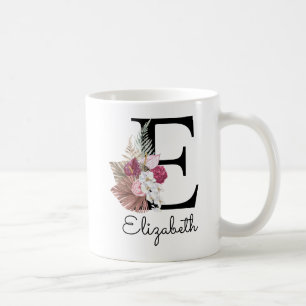 Caneca De Café Rosa Moderno Boho Floral Inicial E