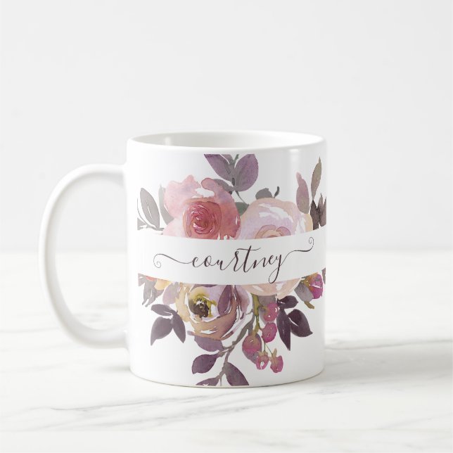 Caneca De Café Rosa pastel e floral personalizado roxo (Esquerda)