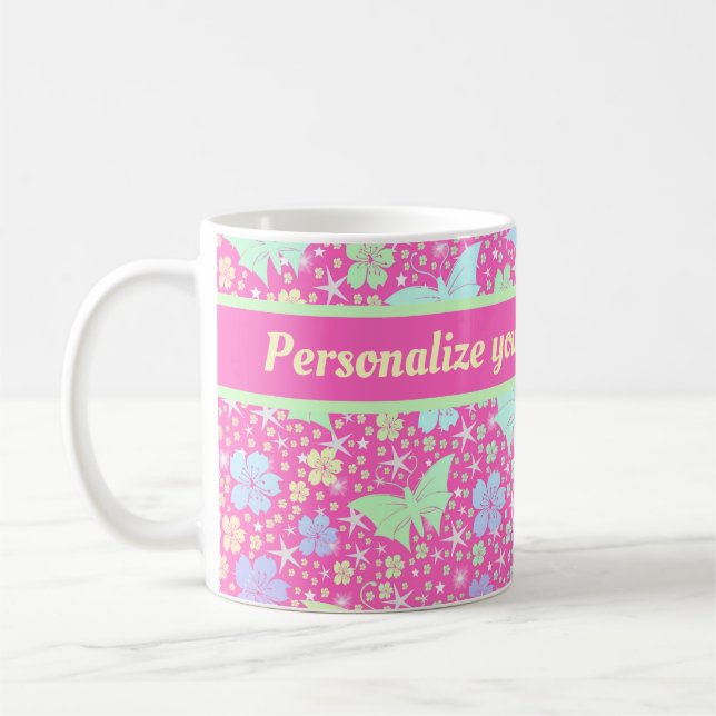 Caneca De Café rosa,prata,borboleta, metal, decoração, design, (Esquerda)