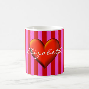 Caneca De Café Rosa quente, listras vermelhas, monograma metálic