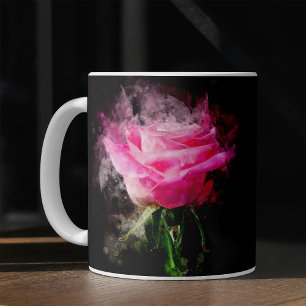 Caneca De Café Rosa Rosa Aquarela em Fundo Preto