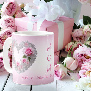 Caneca De Café Rosa Rosa com Coração de Folha de Prata da Mamãe