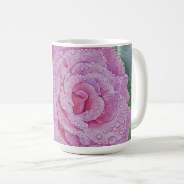 Caneca De Café Rosa Rosa com Gotículas de Chuva  (Frente Esquerda)