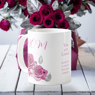 Caneca De Café Rosa Rosa Pálida Folhas de Prata 'Você é Amada' Ma