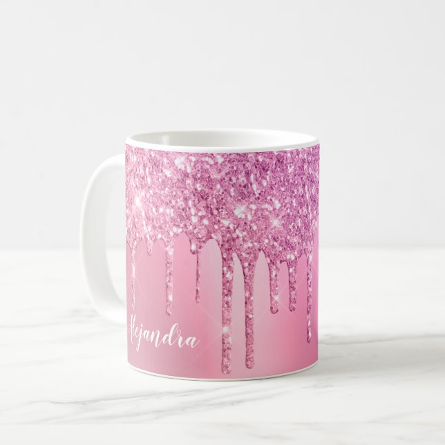 Caneca De Café Rosa rosa-rosa esplêndido dourado e púrpura gotas  (Frente Esquerda)