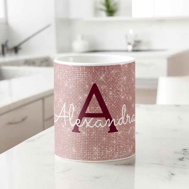 Caneca De Café Rosa Rosa Rosa Rosa Dourada Sparkle Bling Monogram (Criador carregado)