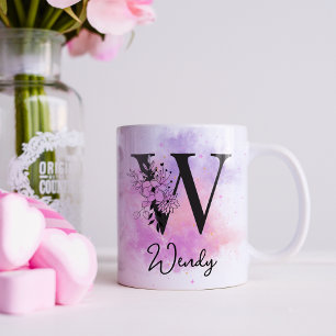 Caneca De Café Rosa Roxo Floral Preto Letra Monograma W