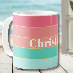 Caneca De Café Rosa Verde Dourado Listras de Bloco de Cor de Verã