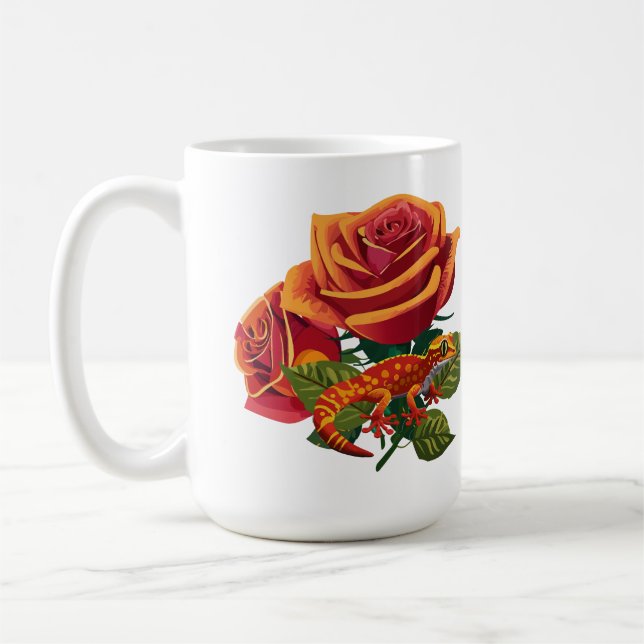 Caneca De Café Rosa vermelha Laranja Com Camaleão (Esquerda)