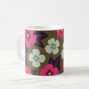 Caneca De Café Rosa Vibrante e Floral Verde sobre Fundo Oliva