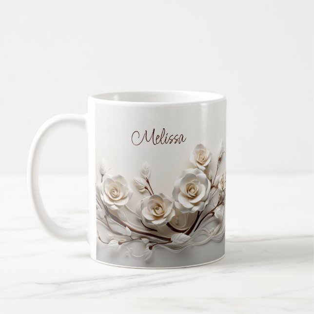 Caneca De Café Rosas 3D brancos elegantes (Esquerda)