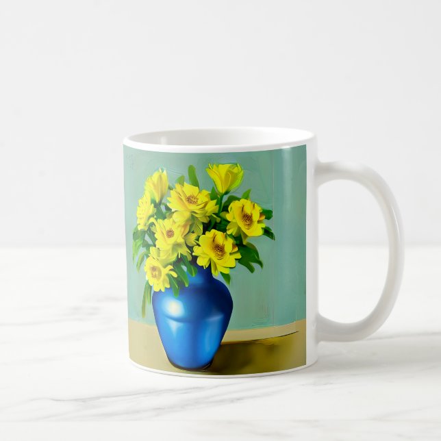 Caneca De Café Rosas Amarelas em Arte Azul Vase Boho (Direita)
