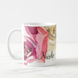 Caneca De Café Rosas Aquarela Rosa & Branco Chique Floral Glam