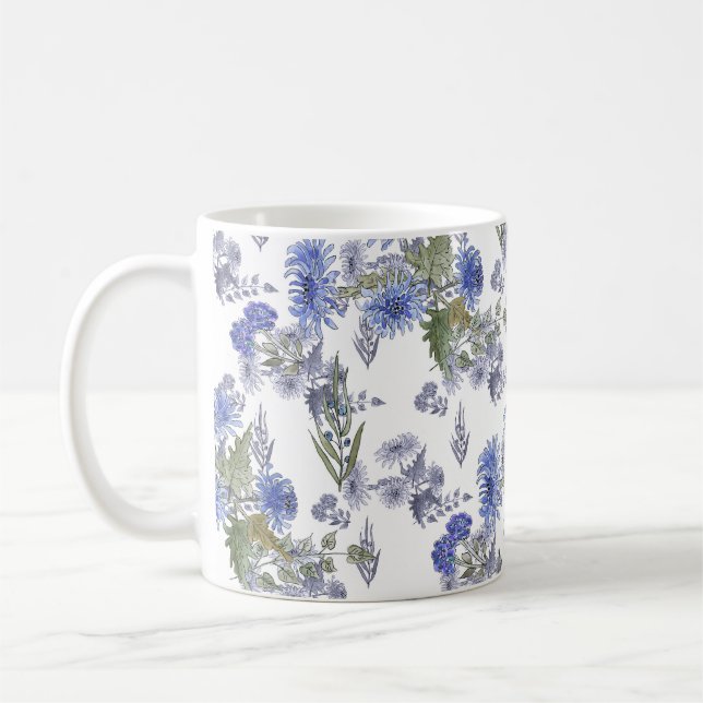 Caneca De Café Rosas azuis aquarela flores penas branco (Esquerda)