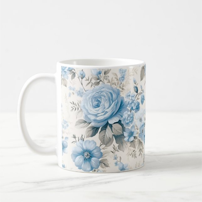 Caneca De Café Rosas Azuis de Pastel Leve Artística (Esquerda)