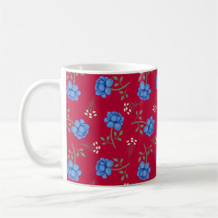 Caneca De Café Rosas Azuis em Calico Vermelho Oversized