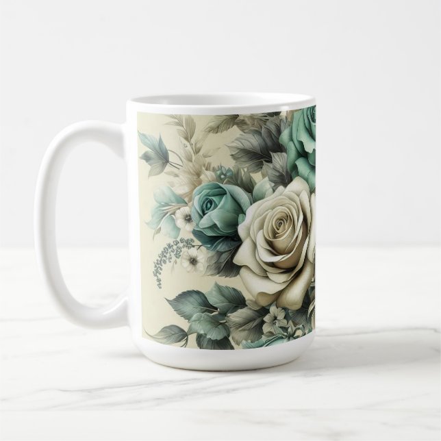 Caneca De Café Rosas Brancas e Teais (Esquerda)