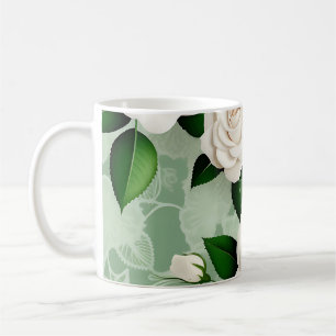 Caneca De Café Rosas Brancas Elegantes Em Verde