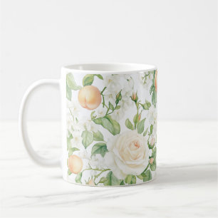 Caneca De Café Rosas Brancas Românticas Florais Pêssegos