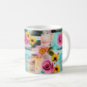 Caneca De Café Rosas Cor-de-Rosa Brilhante & Girassóis em Abstrat