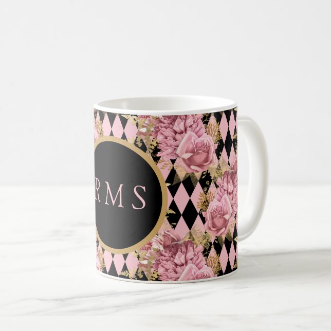 Caneca De Café Rosas Cor-de-Rosa em Monograma Xadrez (Frente Esquerda)