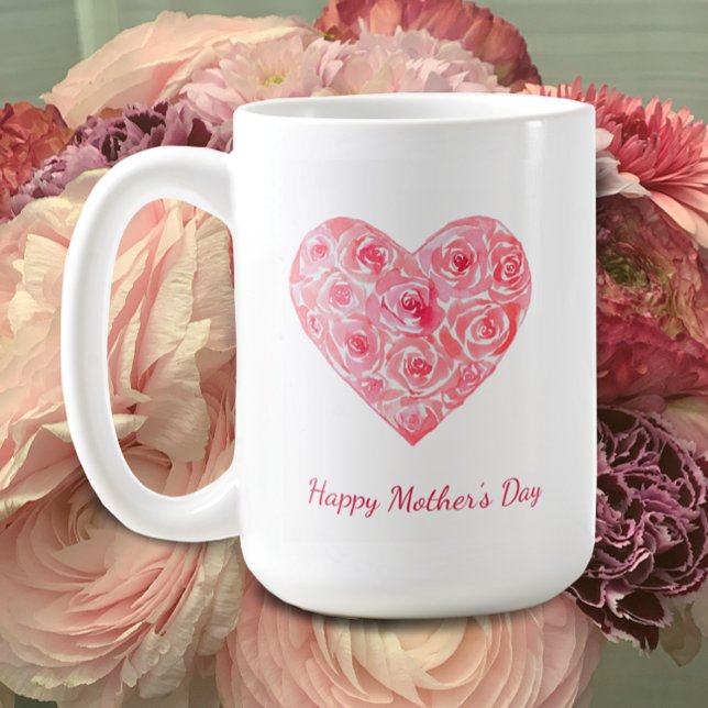 Caneca De Café Rosas de Aquarela de Dia de as mães Feliz Personal (Custom Mother’s Day gift mug. Add your names and personalize this original watercolor rose heart mug)