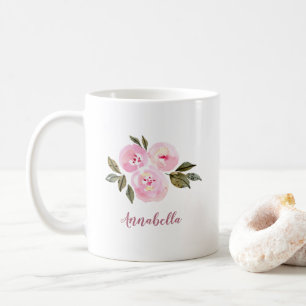 Caneca De Café Rosas de Aquarela Rosa com Presente de Nome