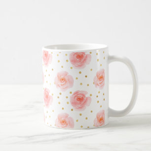 Caneca De Café Rosas de Aquarela Rosa de Confetti Dourado