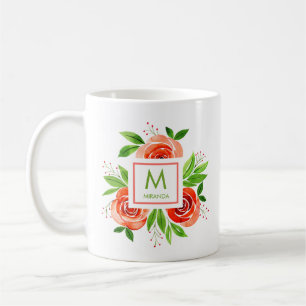 Caneca De Café Rosas de Coral de Aquarela Monograma Personalizado