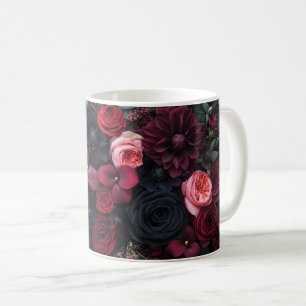 Caneca De Café Rosas de Disposição Floral Escuro Elegante