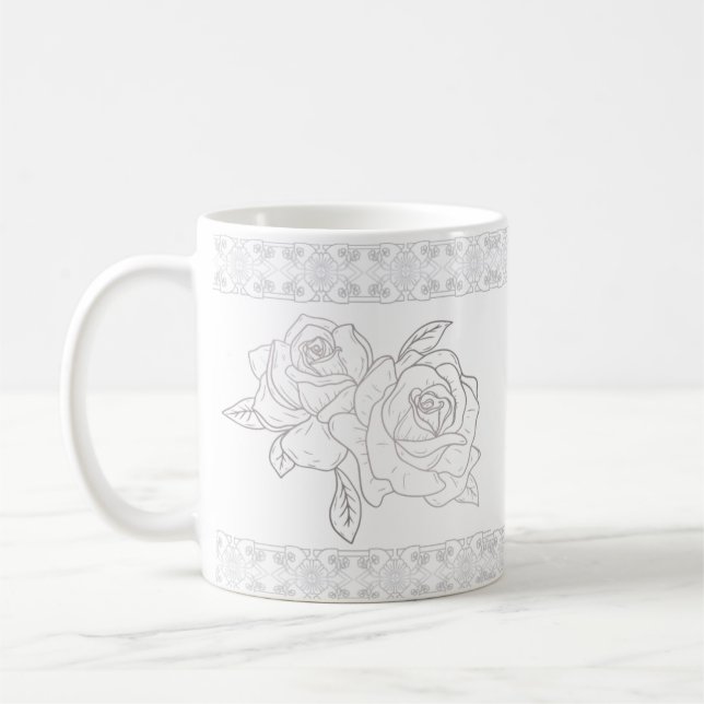 Caneca De Café Rosas De Prata Elegantes E Bordados De Locais (Esquerda)