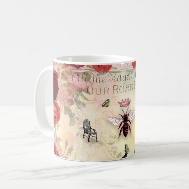 Caneca De Café Rosas de vindima e rainha da abelha (Frente Esquerda)