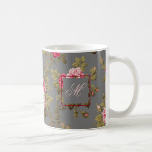 Caneca De Café Rosas de Vintage Elegante com fundo de Cinza monog