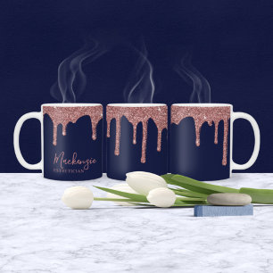 Caneca De Café Rosas Douradas Brilhantes Azul Navy Chic
