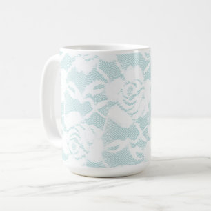 Caneca De Café Rosas Florais em Azul e Branco com Renda de Hortel