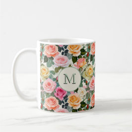 Caneca De Café Rosas Florais Flores Elegantes Monograma Bonito
