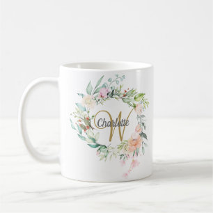 Caneca De Café Rosas Floral Elegante Monograma em Letra Redonda D