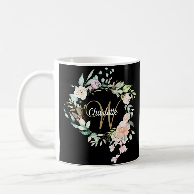 Caneca De Café Rosas Floral Elegante Script Monograma Dourado Pre (Esquerda)