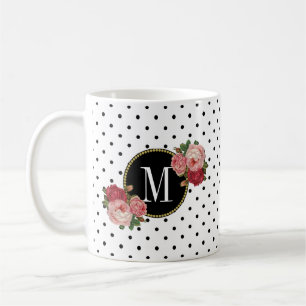 Caneca De Café Rosas  Monogramas Dourados de pontos brancos preto