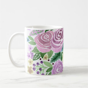 Caneca De Café Rosas rosa-aquarela flores verdes folhas brancas e