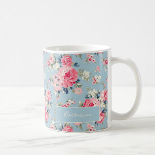 Caneca De Café Rosas Rosa de Algodão Personalizadas em Fundo Azul