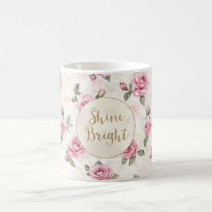 Caneca De Café Rosas Rosa Dourada Floral Brilho Brilhante Brilhan