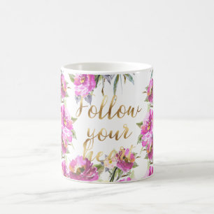 Caneca De Café Rosas Rosa Douradas Floral Siga Seu Coração