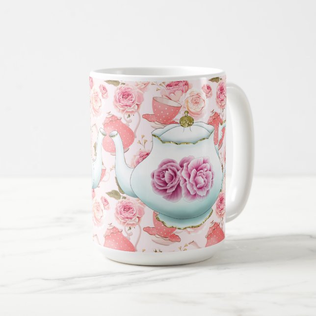 Caneca De Café Rosas Rosa E Potes De Chá (Frente Esquerda)